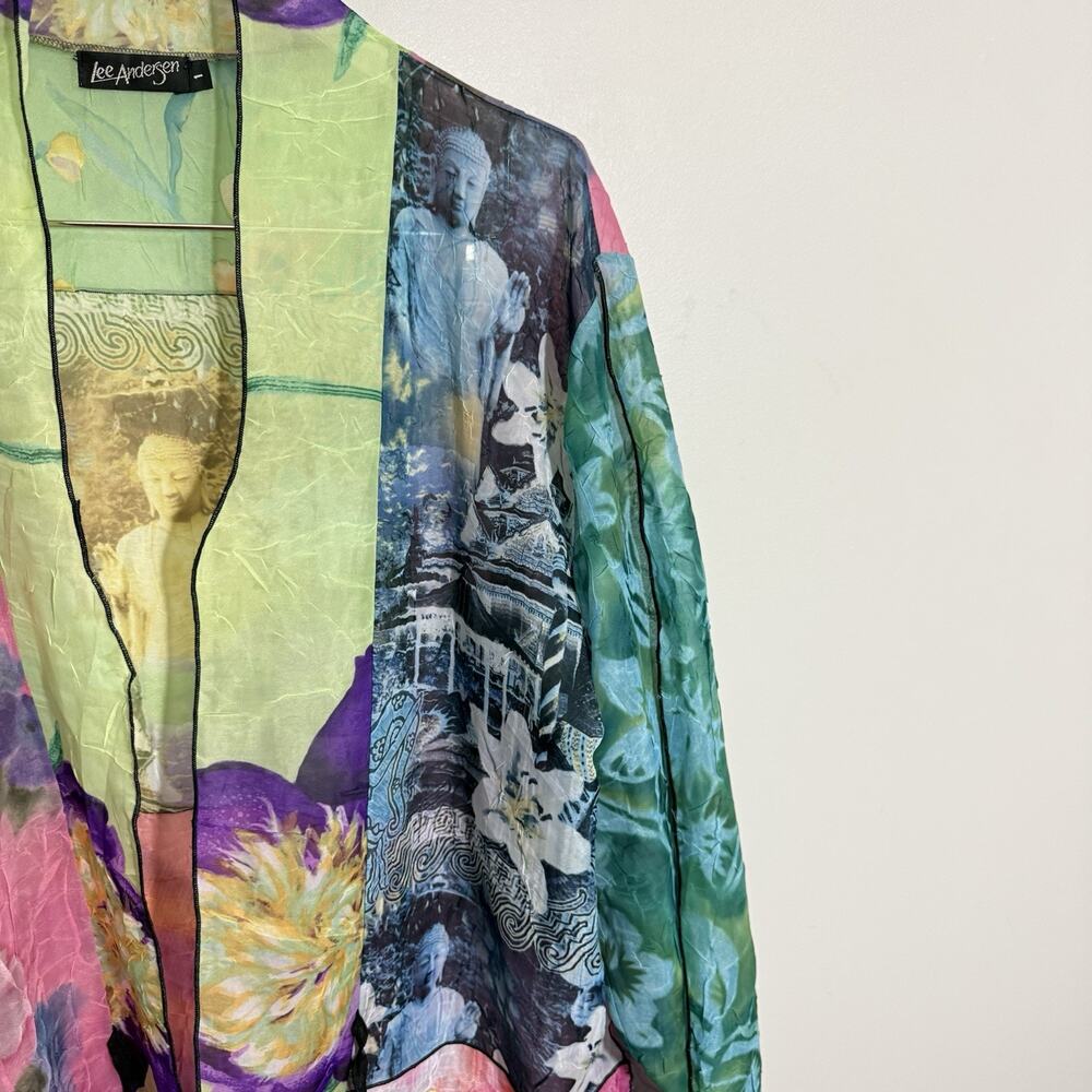 LEE ANDERSEN Tie Front Jacket Topper Cardigan Embroidered Art Kimono Semi Sheer - Picture 2 of 7